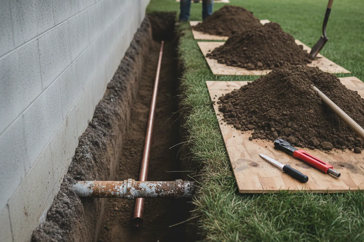 Excavated water line trench during Water Heater Repair in Plainfield